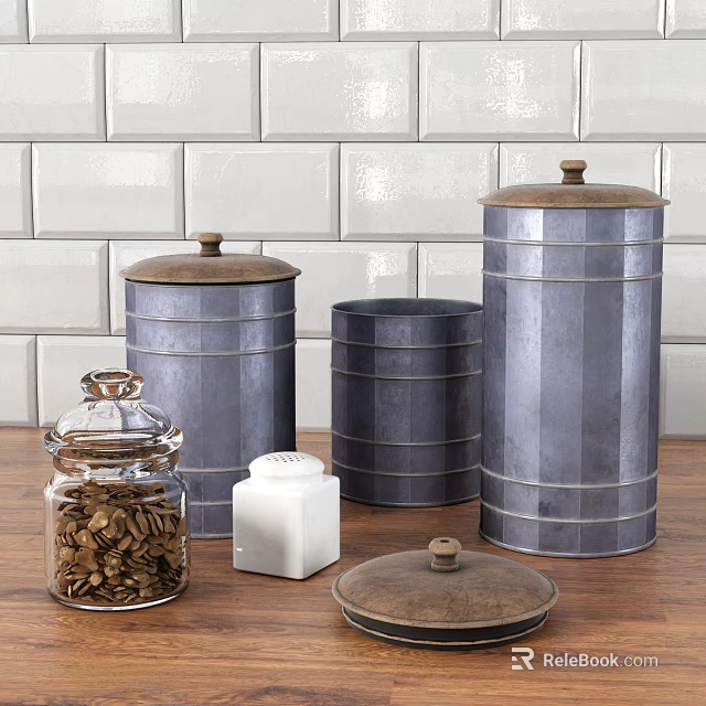 Kitchen Storage Containers with Metal Jars Glass Jar and Salt Shaker on Wooden Countertop 3d model 