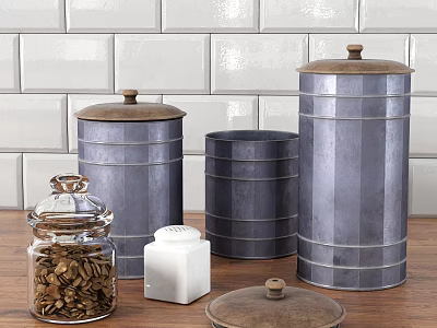 Kitchen Storage Containers with Metal Jars Glass Jar and Salt Shaker on Wooden Countertop 3d model