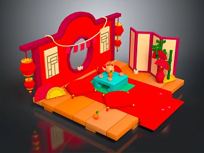 Traditional Chinese Interior With Red Archway Folding Screen Lanterns And Fortune Character 3d model