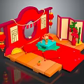 Traditional Chinese Interior With Red Archway Folding Screen Lanterns And Fortune Character