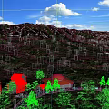 Serene Misty Mountain Forest Scenery With Nestled Red Roof Buildings Under Bright Fresh Blue Sky