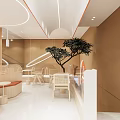 Modern Café Interior Design With Green Plant Circular Pendant Lights And Wooden Dining Tables