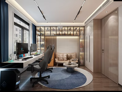 Modern Study Room Interior Design With Computer Desk Ergonomic Chair And Bookshelf Sofa Rug 3d model