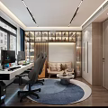 Modern Study Room Interior Design With Computer Desk Ergonomic Chair And Bookshelf Sofa Rug