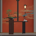 Elegant Chinese Modern Interior Console Table With Red Patterned Wall Bonsai Plant And Lantern Light 3d model