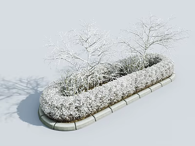 Snow Covered Trimmed Shrubs With Bare Trees On Concrete Landscape Border 3d model