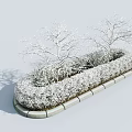Snow Covered Trimmed Shrubs With Bare Trees On Concrete Landscape Border
