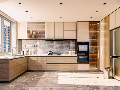 Modern Chic Kitchen Interior With Glass Door Cabinets Wooden Elements Marble Countertops And Natural Light 3d model