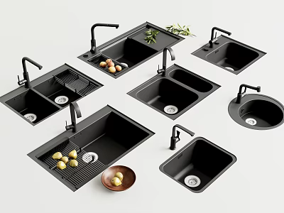 Modern Black Kitchen Sinks With Double Single Bowl Faucets Drainers And Fresh Produce 3d model