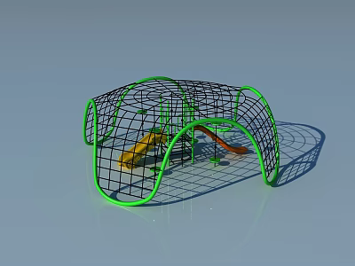 Kids Outdoor Playground Equipment With Green Frame Black Netting And Yellow Orange Slides 3d model