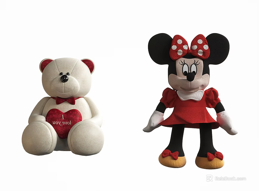 Plush Dolls White Teddy Bear Red Heart I Love You And Minnie Mouse Red Dress 3d model 