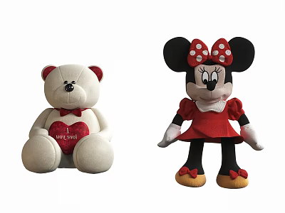 Plush Dolls White Teddy Bear Red Heart I Love You And Minnie Mouse Red Dress 3d model