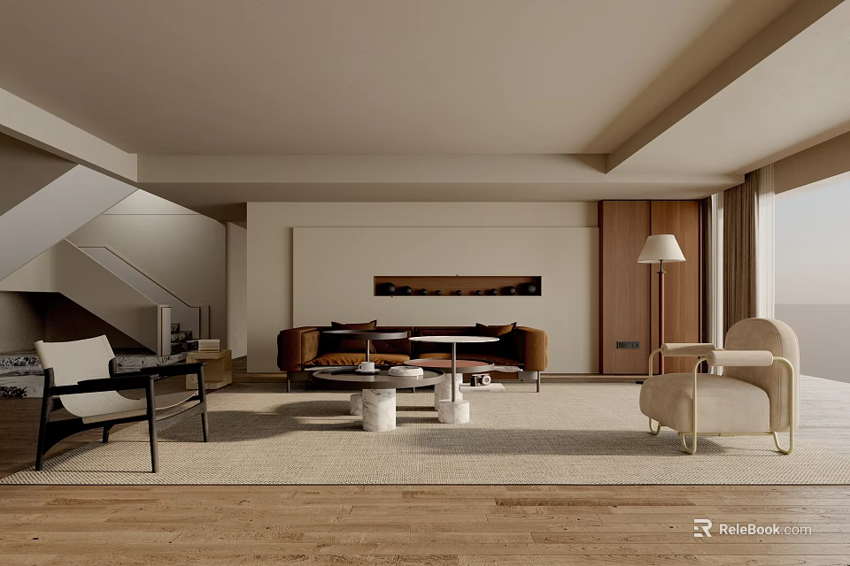 Modern Living Room Interior With Brown Sofa Beige Armchair Wooden Floor And Floor Lamp 3d model 
