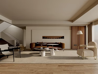 Modern Living Room Interior With Brown Sofa Beige Armchair Wooden Floor And Floor Lamp 3d model