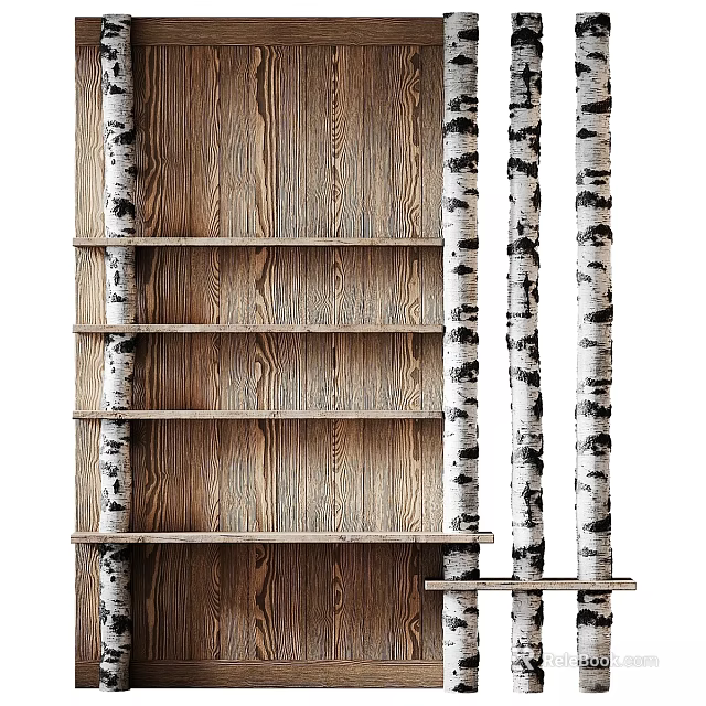 Wooden Shelving Unit With Birch Tree Trunk Supports And Natural Wood Texture Shelves 3d model 