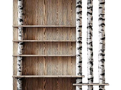 Wooden Shelving Unit With Birch Tree Trunk Supports And Natural Wood Texture Shelves 3d model