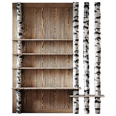 Wooden Shelving Unit With Birch Tree Trunk Supports And Natural Wood Texture Shelves 3d model