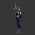 Blue Haired Character Standing With Gun In Purple And Blue Combat Outfit