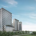 Modern High Rise Buildings With Glass Facade Green Lawns And Waterfront View