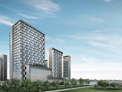 Modern High Rise Buildings With Glass Facade Green Lawns And Waterfront View 3d model