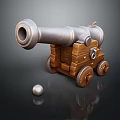 Detailed 3D Model of Vintage Cannon With Wooden Carriage Metal Barrel And Cannonball