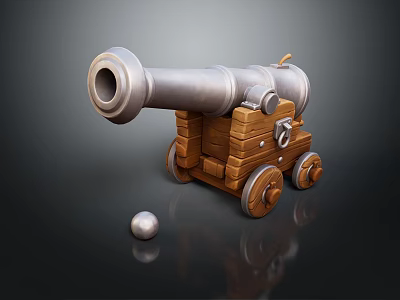 Detailed 3D Model of Vintage Cannon With Wooden Carriage Metal Barrel And Cannonball 3d model