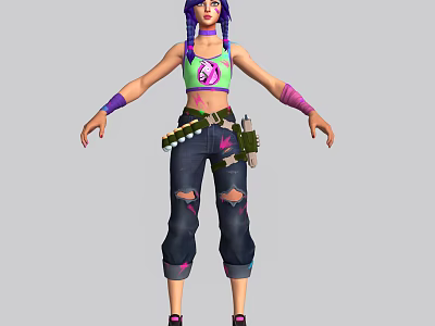 Game and Movie Character With Purple Pigtails Green Crop Top Ripped Jeans Tool Belt 3d model