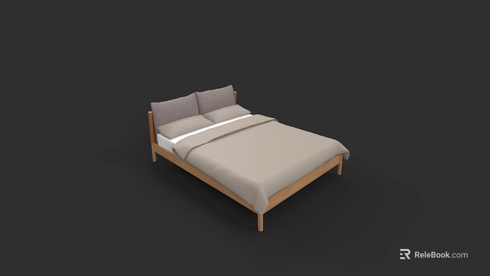 Double Bed with Wooden Frame Gray Cushions and Light Gray Bedding 3d model 