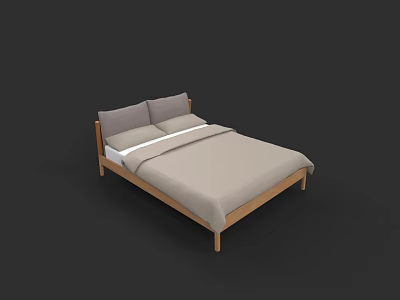 Double Bed with Wooden Frame Gray Cushions and Light Gray Bedding 3d model