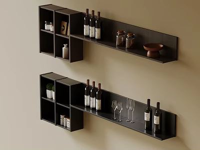 Modern Black Wall Mounted Wine Racks with Wine Bottles Glasses Decorative Jars and Potted Plant 3d model