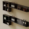 Modern Black Wall Mounted Wine Racks with Wine Bottles Glasses Decorative Jars and Potted Plant