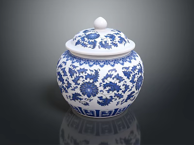 Traditional Blue and White Ceramic Jar Featuring Floral Plant Patterns as Decorative Piece 3d model
