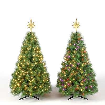 Christmas Decorative Ornament Set With Two Trees Gold Stars And Colored Lights 3d model