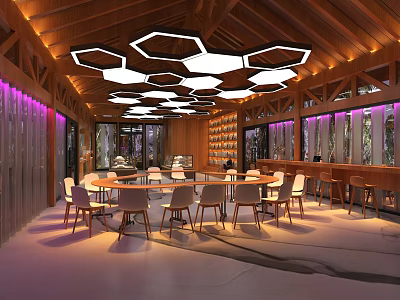 Modern Restaurant Interior With Wooden Ceiling Hexagonal Pendant Lights And Purple Light Strips 3d model