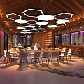 Modern Restaurant Interior With Wooden Ceiling Hexagonal Pendant Lights And Purple Light Strips