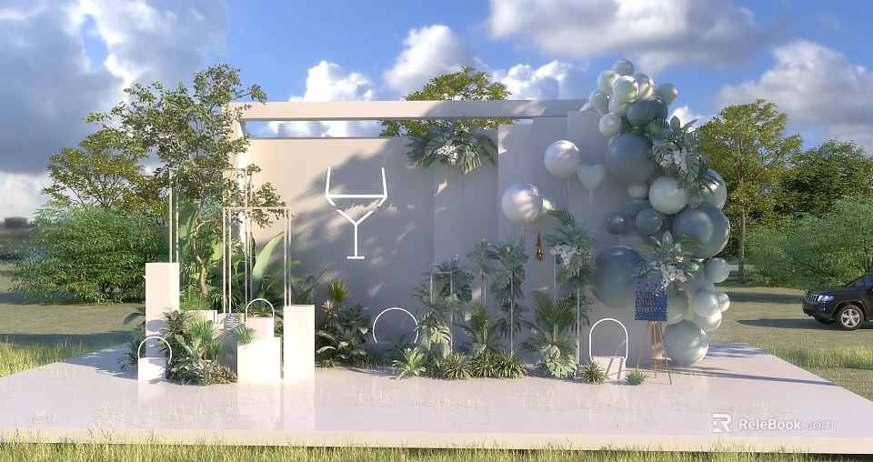 Outdoor Event Venue With Balloon Decorations Greenery And Minimalist Design 3d model 