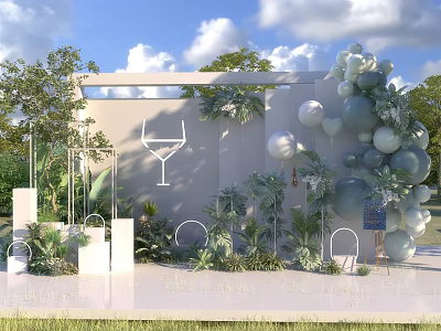 Outdoor Event Venue With Balloon Decorations Greenery And Minimalist Design 3d model