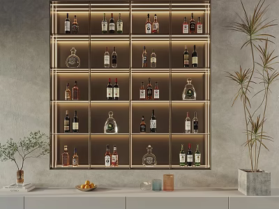 Wall Mounted Liquor Cabinet With Metal Frame And Lighting Displaying Various Liquors Plants And Decorations 3d model