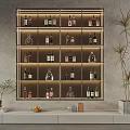Wall Mounted Liquor Cabinet With Metal Frame And Lighting Displaying Various Liquors Plants And Decorations