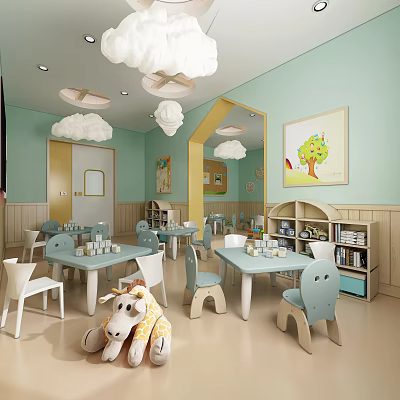 Kindergarten Classroom With Light Green Interior Cloud Pendant Lights Tables Chairs Bookshelves And Wall Paintings 3d model