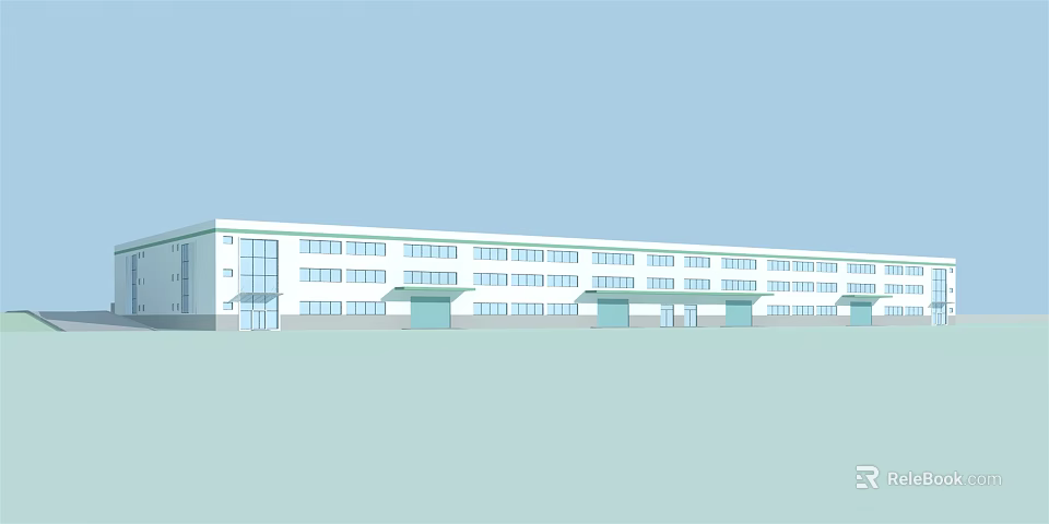 Modern White Industrial Factory Building Exterior Design With Large Windows And Multi Story Structure 3d model 