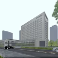 Modern Hotel Building With Multiple Windows Surrounded By Trees Cars On Road Among High-Rise Buildings