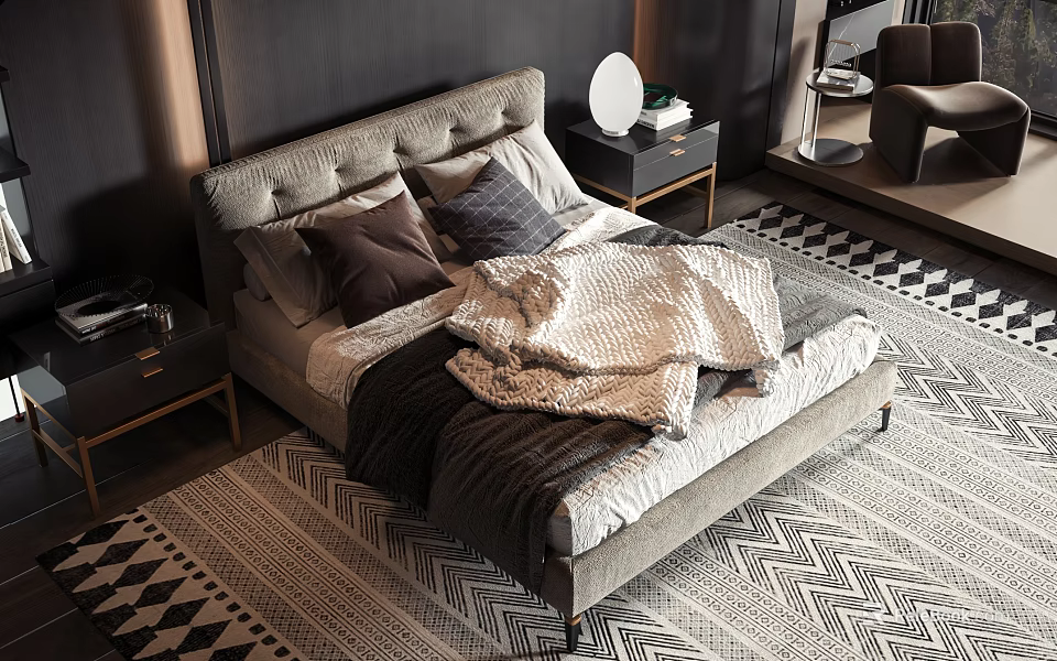 Modern Double Bed With Upholstered Headboard Pillows Blanket Nightstands And Geometric Rug 3d model 