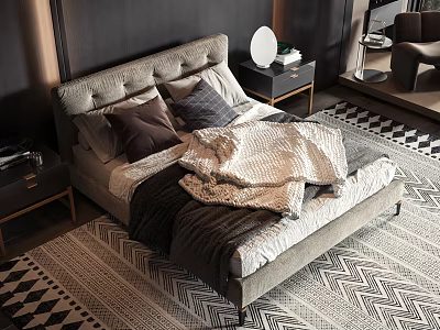 Modern Double Bed With Upholstered Headboard Pillows Blanket Nightstands And Geometric Rug 3d model