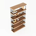 Modern Open Bookcase With Wooden Shelves And Metal Frame Decorated With Books And Decorative Items