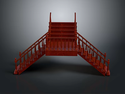 Traditional Red Wooden Staircase Structure With Symmetrical Steps And Decorative Handrails 3d model