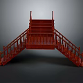 Traditional Red Wooden Staircase Structure With Symmetrical Steps And Decorative Handrails