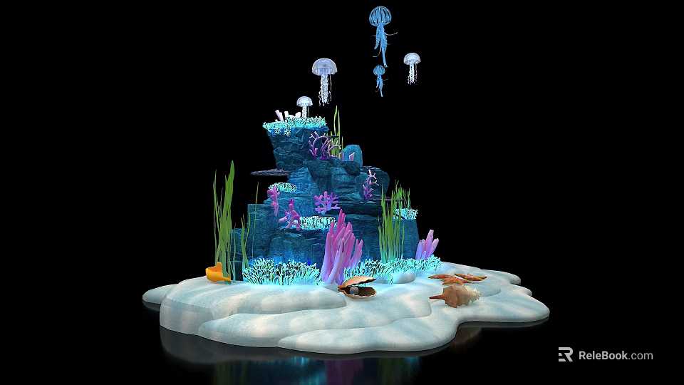 Vibrant Underwater Landscape Featuring Blue Rocks Purple Corals Green Seaweed Jellyfish Fish White Sandy Ground 3d model 