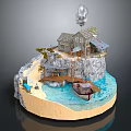 Scenic Cliffside Wooden Cottage on Rocky Outcrop With Beach Water Boat and Smoking Chimney