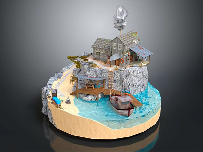 Scenic Cliffside Wooden Cottage on Rocky Outcrop With Beach Water Boat and Smoking Chimney 3d model